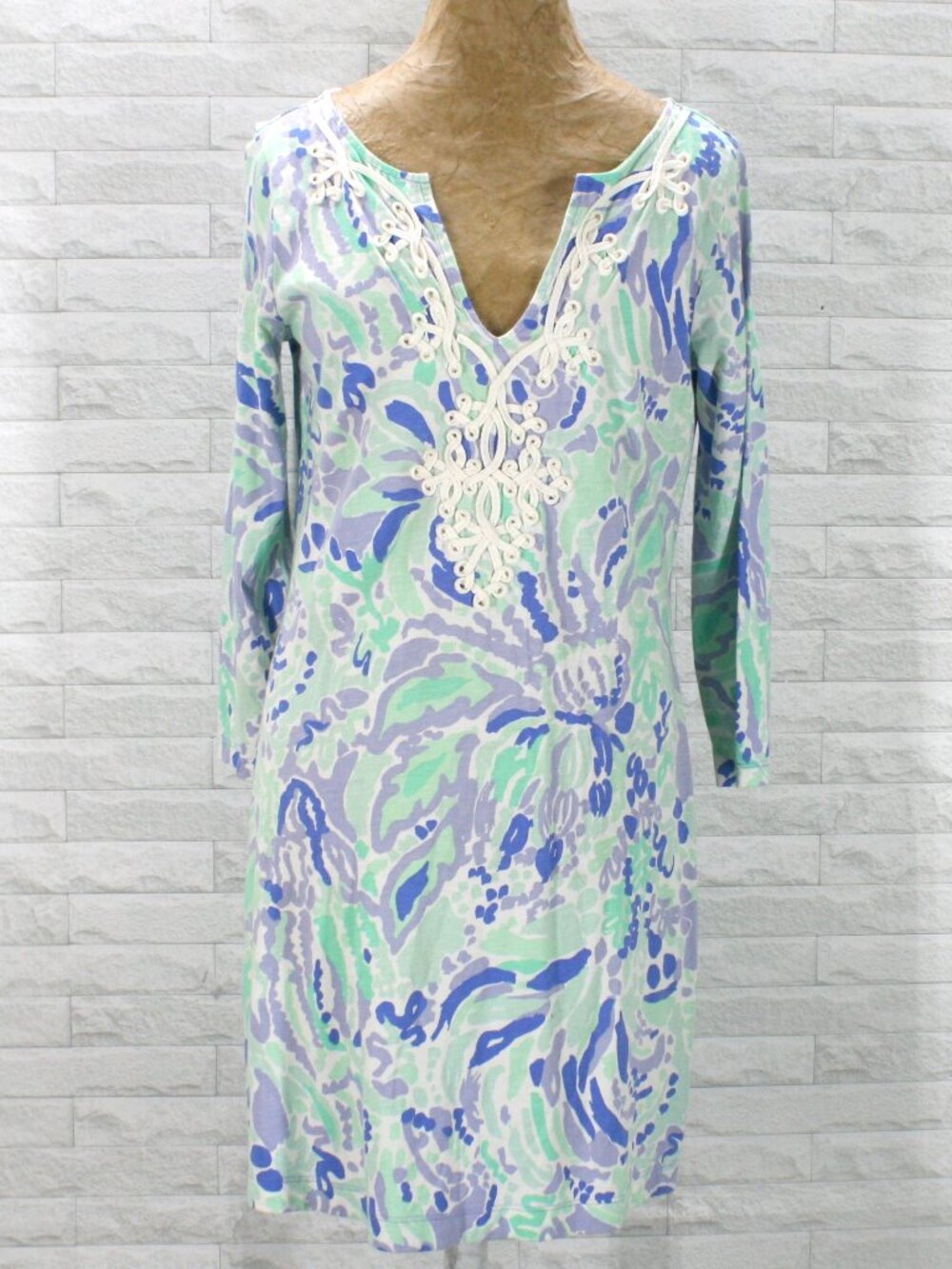 LILLY PULITZER MARINA Dress Abstract Floral Pastel Embroidery Cotton Aqua M